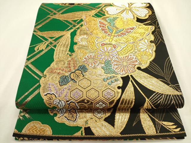平和屋着物◎六通柄袋帯 雪輪舞蝶花文 黒地 金銀糸 正絹 逸品 DABL0580ya
