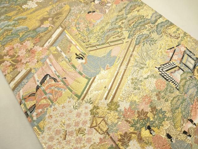 平和屋着物◎全通柄袋帯 御所車 人物風景花松文 金糸 正絹 逸品 DABL0585ya