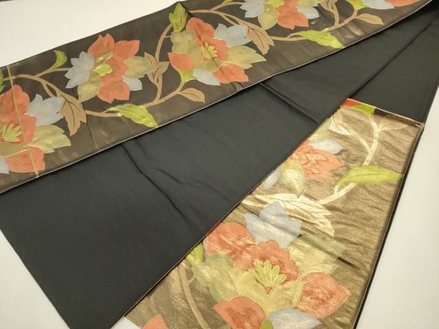 平和屋着物◎六通柄袋帯 更紗花文 黒地 金糸 正絹 逸品 DABL0590ya