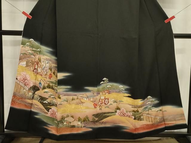平和屋着物■豪華黒留袖 駒刺繍 御所車人物風景花松文 暈し染め 金彩 正絹 逸品 DABL0643ya