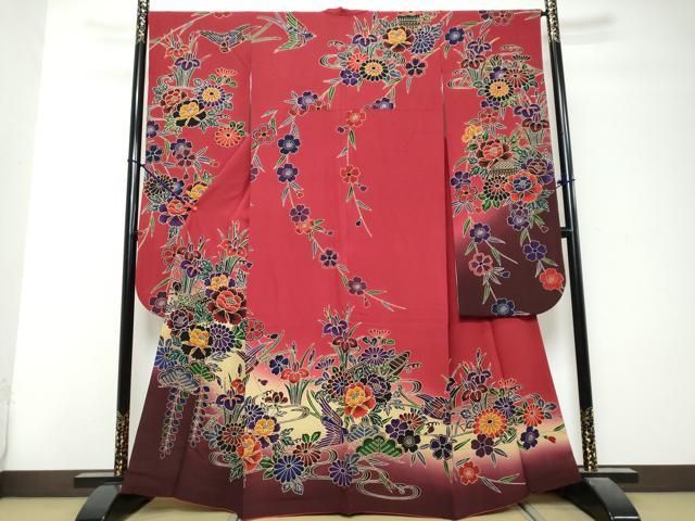 平和屋着物●豪華振袖 紅型 流水花鳥文 暈し染め やまと誂製 正絹 逸品 DABL1001ud