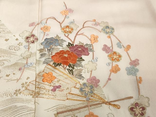 平和屋着物●訪問着 駒刺繍 扇面草花文 暈し染め 金彩 正絹 逸品 DABL1004ud