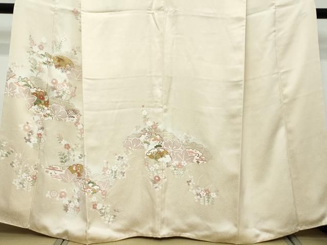 平和屋着物●訪問着 駒刺繍 吉澤友禅 雪輪草花文 金彩 鈴乃屋扱い 反端付き 正絹 逸品 DABL1008ud