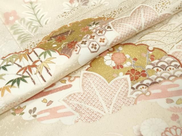 平和屋着物●訪問着 駒刺繍 吉澤友禅 雪輪草花文 金彩 鈴乃屋扱い 反端付き 正絹 逸品 DABL1008ud