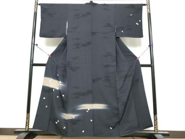 平和屋着物●訪問着 駒刺繍 舞桜文 黒地 銀糸 正絹 逸品 DABL1014ud