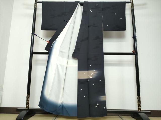 平和屋着物●訪問着 駒刺繍 舞桜文 黒地 銀糸 正絹 逸品 DABL1014ud