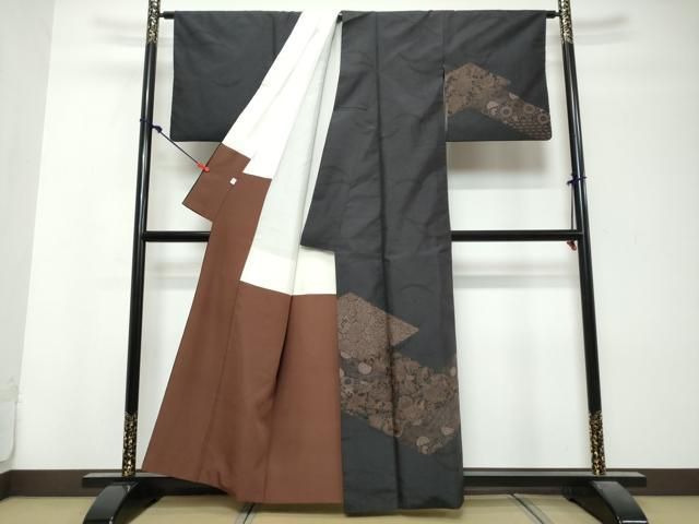 平和屋着物●本場縞大島紬 訪問着 染大島 松皮菱草花文 正絹 逸品 DABL1046ud