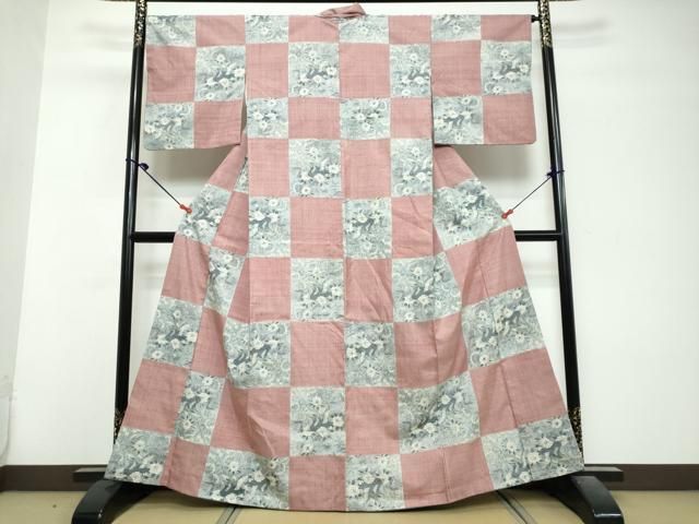平和屋着物●小千谷紬 格子花鳥文 正絹 逸品 DABL1085ud