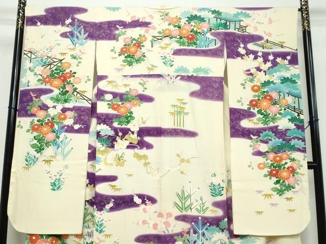 平和屋着物●豪華振袖 駒刺繍 エ霞風景草花文 金彩 正絹 逸品 DABL1110ud