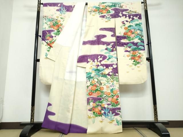 平和屋着物●豪華振袖 駒刺繍 エ霞風景草花文 金彩 正絹 逸品 DABL1110ud