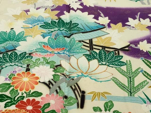 平和屋着物●豪華振袖 駒刺繍 エ霞風景草花文 金彩 正絹 逸品 DABL1110ud