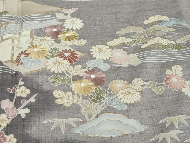 平和屋着物●本場結城紬 重要無形文化財 訪問着 奥順 刺繍 風景草花文 金彩 証紙付き 正絹 逸品 DABL1121ud