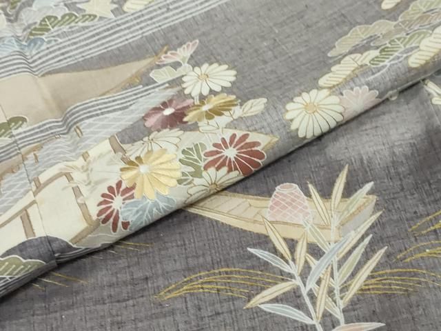 平和屋着物●本場結城紬 重要無形文化財 訪問着 奥順 刺繍 風景草花文 金彩 証紙付き 正絹 逸品 DABL1121ud