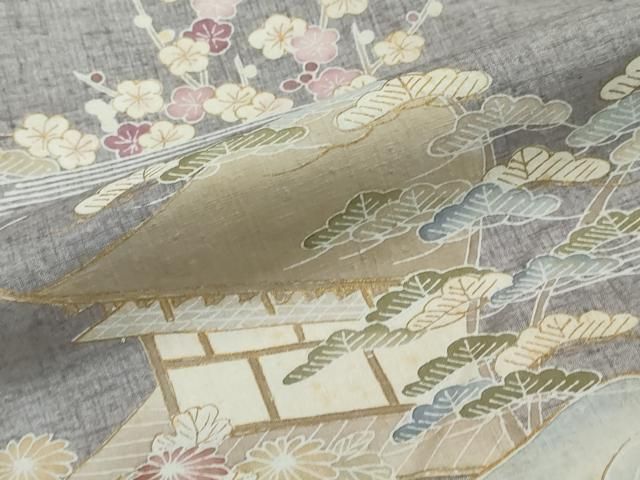 平和屋着物●本場結城紬 重要無形文化財 訪問着 奥順 刺繍 風景草花文 金彩 証紙付き 正絹 逸品 DABL1121ud