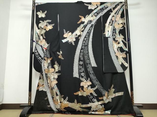 平和屋着物●豪華振袖 絞り 熨斗草花文 黒地 金銀彩 正絹 逸品 DABL1165ud