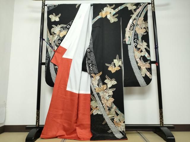 平和屋着物●豪華振袖 絞り 熨斗草花文 黒地 金銀彩 正絹 逸品 DABL1165ud