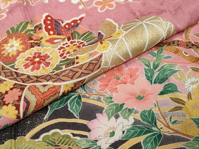 平和屋着物●豪華振袖 手毬花蝶文 暈し染め 金彩 正絹 逸品 DABL1173ud