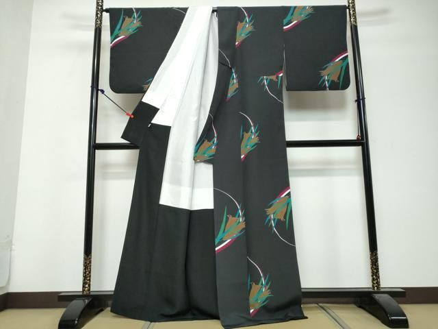 平和屋着物●上質な小紋 草花文 黒地 反端付き 正絹 逸品 DABL1185ud