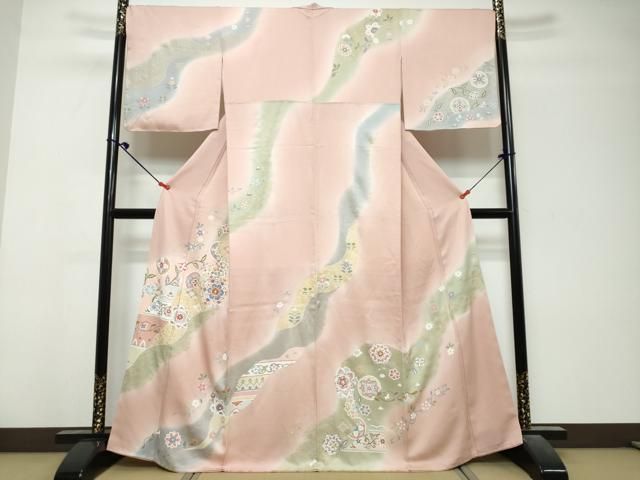 平和屋着物●訪問着 駒刺繍 道長吉祥草花文 暈し染め 金彩 正絹 逸品 未使用 DABL1209ud