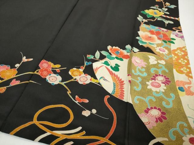 平和屋本店●アンティーク 大正ロマン 振袖 飛鶴草花文 黒地 正絹 逸品 DABL1370ud