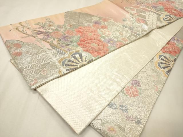 平和屋着物▼佐賀錦 六通柄袋帯 檜扇花車文 金銀糸 正絹 逸品 DABL2013fe