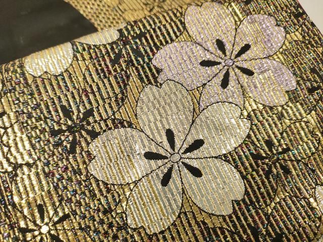 平和屋着物▼六通柄袋帯 舞桜 黒地 金糸 正絹 逸品 DABL2016fe