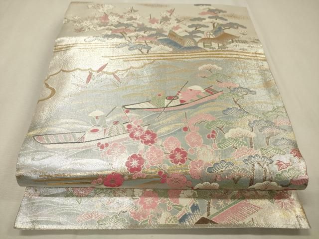 平和屋着物▼本加賀友禅作家 柿本市郎 六通柄袋帯 渡り舟風景花文 金銀糸 正絹 逸品 DABL2032fe
