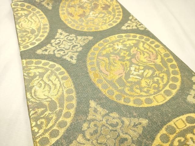 平和屋着物▼六通柄袋帯 花鳥絵皿文 金糸 正絹 逸品 DABL2046fe