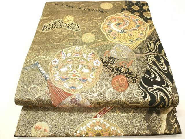 平和屋着物▼六通柄袋帯 唐織 宝鏡清薫文 黒地 金銀糸 正絹 逸品 DABL2061fe