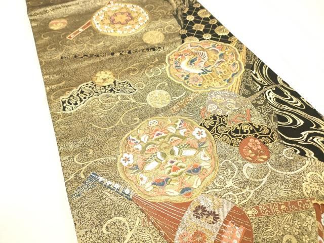 平和屋着物▼六通柄袋帯 唐織 宝鏡清薫文 黒地 金銀糸 正絹 逸品 DABL2061fe