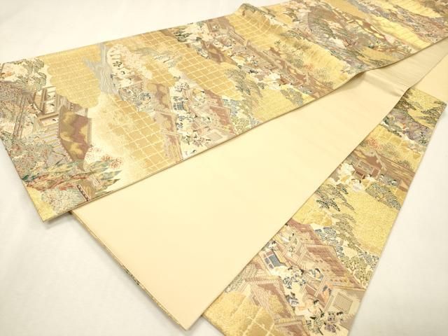平和屋着物▼西陣 六通柄袋帯 唐織 洛中洛外図 金糸 反端付き 正絹 逸品 DABL2064fe