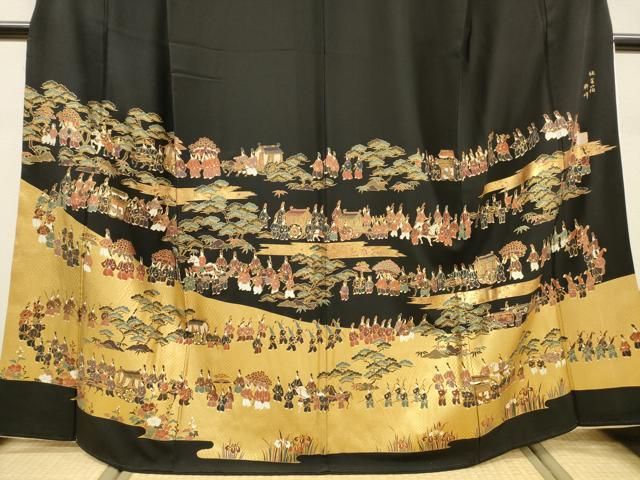 平和屋着物▼高級染元 粋峰 林芳夫 京加賀友禅 黒留袖 刺繍 大名行列 純金箔 正絹 逸品 DABL2082fe