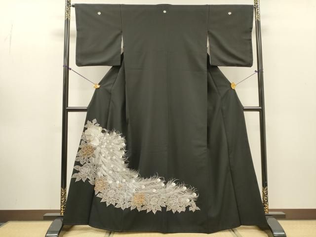 平和屋着物▼黒留袖 孔雀に白バラ 金銀糸 洗える着物 DABL2093fe