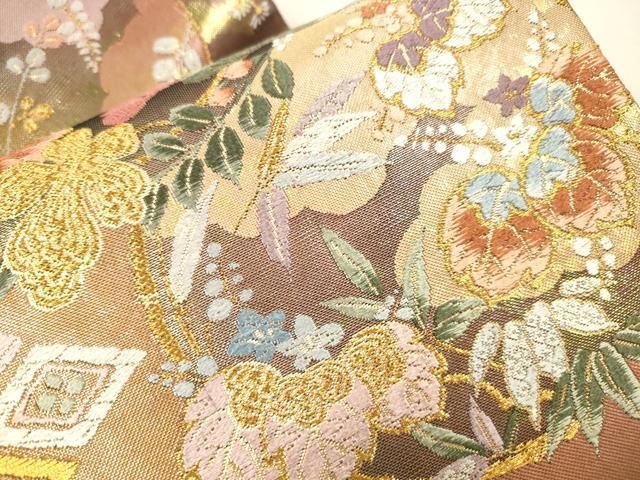 平和屋着物▼六通柄袋帯 唐織 松皮花の丸紋 金糸 引箔 正絹 逸品 DABL2131fe