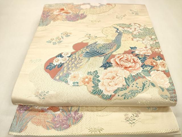 平和屋着物▼六通柄袋帯 唐織 雲取孔雀絵 金糸 正絹 逸品 DABL2135fe