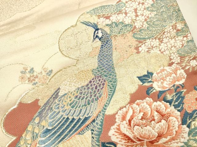 平和屋着物▼六通柄袋帯 唐織 雲取孔雀絵 金糸 正絹 逸品 DABL2135fe