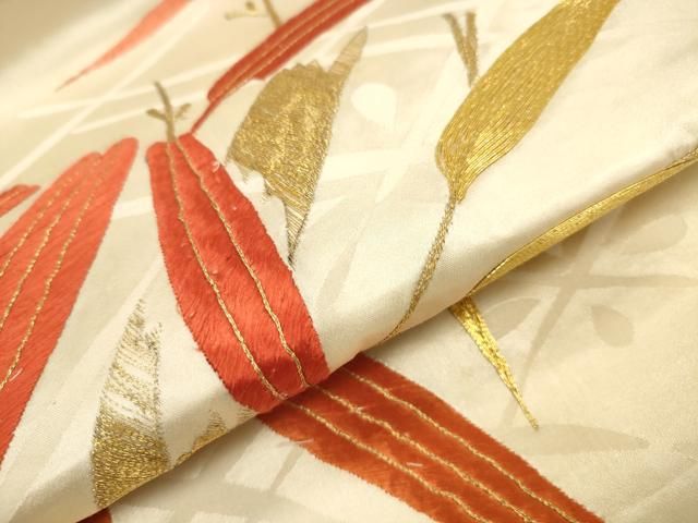 平和屋着物▼アンティーク 大正ロマン 九寸名古屋帯 駒刺繍 総刺繍 笹竹文 金糸 正絹 逸品 DABL2137fe