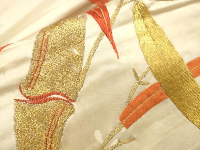 平和屋着物▼アンティーク 大正ロマン 九寸名古屋帯 駒刺繍 総刺繍 笹竹文 金糸 正絹 逸品 DABL2137fe