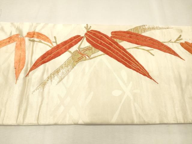 平和屋着物▼アンティーク 大正ロマン 九寸名古屋帯 駒刺繍 総刺繍 笹竹文 金糸 正絹 逸品 DABL2137fe