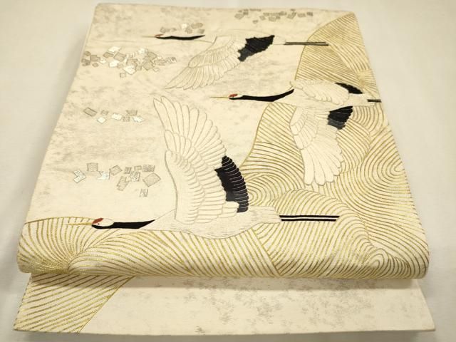 平和屋着物▼太鼓柄袋帯 総刺繍 飛鶴文 金銀糸 正絹 逸品 DABL2149fe
