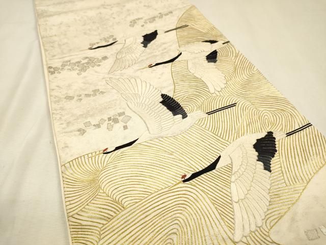 平和屋着物▼太鼓柄袋帯 総刺繍 飛鶴文 金銀糸 正絹 逸品 DABL2149fe