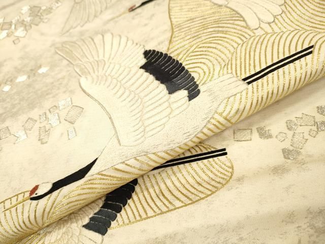 平和屋着物▼太鼓柄袋帯 総刺繍 飛鶴文 金銀糸 正絹 逸品 DABL2149fe