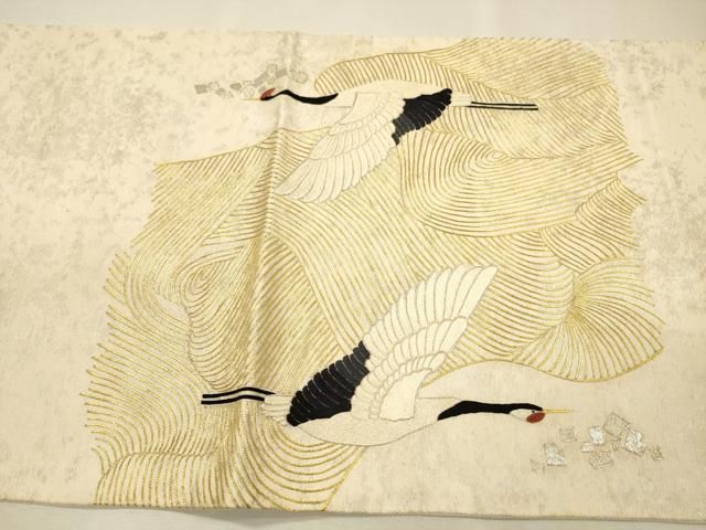 平和屋着物▼太鼓柄袋帯 総刺繍 飛鶴文 金銀糸 正絹 逸品 DABL2149fe