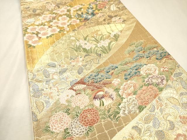 平和屋着物▼六通柄袋帯 唐織 鴛鴦更紗花松文 金糸 正絹 逸品 DABL2177fe