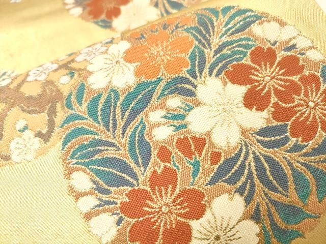 平和屋着物▼西陣 京の名門 じゅらく謹製 六通柄袋帯 花鳥丸文 金彩 引箔 正絹 逸品 未使用 DABL2201fe