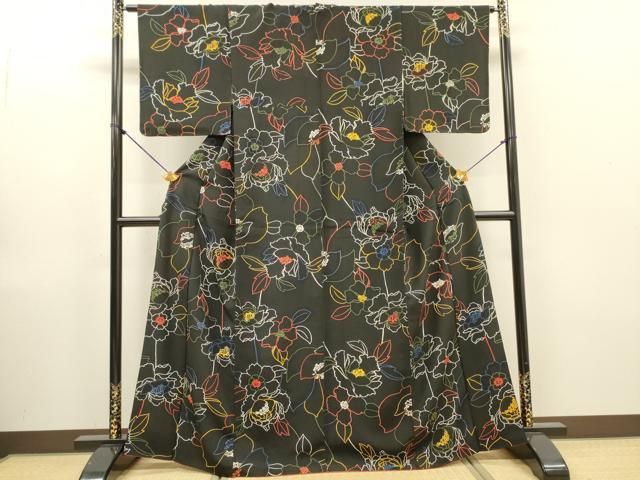 平和屋着物●上質な小紋 草花 黒地 鬼しぼ縮緬 正絹 逸品 DABL2221fe