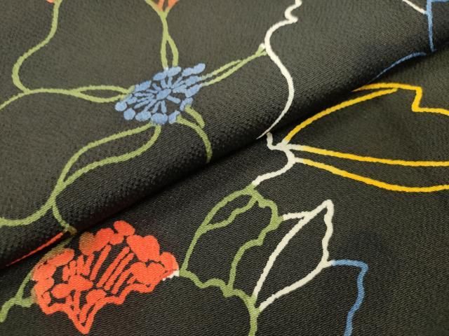 平和屋着物●上質な小紋 草花 黒地 鬼しぼ縮緬 正絹 逸品 DABL2221fe