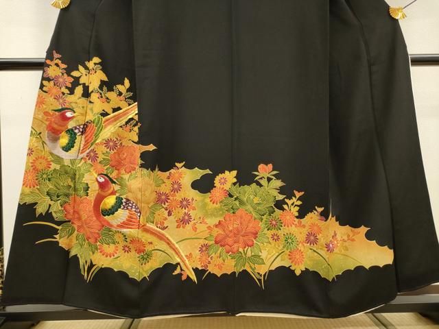 平和屋着物▼豪華黒留袖 刺繍 尾長鳥花文 金糸 正絹 逸品 DABL2231fe
