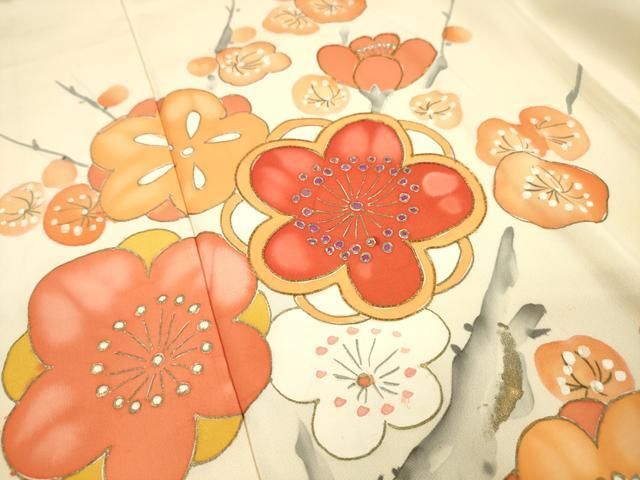 平和屋着物▼訪問着 駒刺繍 手描き 枝梅 金彩 正絹 逸品 DABL2254fe