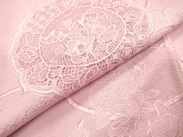平和屋着物▼中国三大刺繍 スワトウ刺繍 汕頭刺繍 総刺繍 色留訪問着 鏡裏花文 撫子色 正絹 逸品 未使用 DABL2267fe